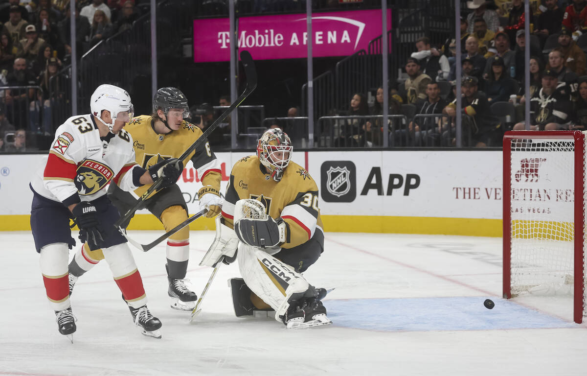 Florida Panthers left wing Brad Marchand (63) scores past Golden Knights goaltender Carl Lindbo ...