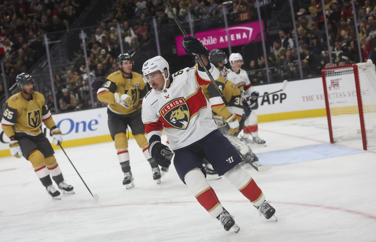 Florida Panthers left wing Brad Marchand (63) reacts after scoring against the Golden Knights d ...