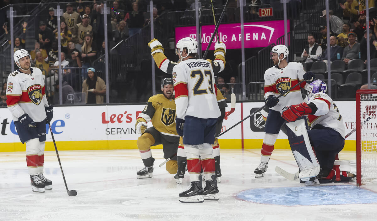 Golden Knights center Tomas Hertl (48) reacts after scoring against the Florida Panthers during ...