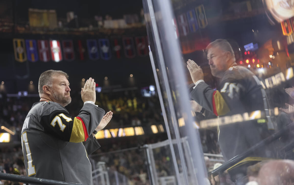 A Golden Knights fans celebrates a goal against the Florida Panthers during the third period of ...
