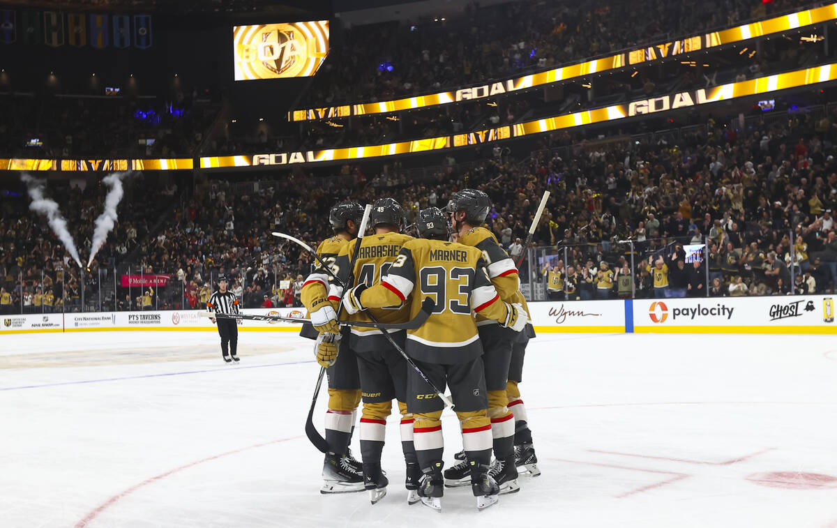 The Golden Knights celebrate a goal against the Florida Panthers during the third period of an ...