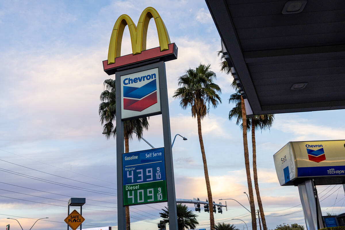 Gas prices are posted at a Chevron on Tuesday, Nov. 11, 2025, in Las Vegas. (Chase Stevens/Las ...