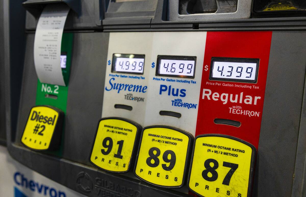 Gas prices on display at a Chevron pump on Tuesday, Nov. 11, 2025, in Las Vegas. (Chase Stevens ...