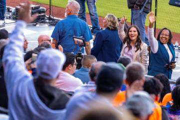 Assemblymembers Daniele Monroe-Moreno and Sandra Jauregui wave to the crowd on hand to talk ab ...