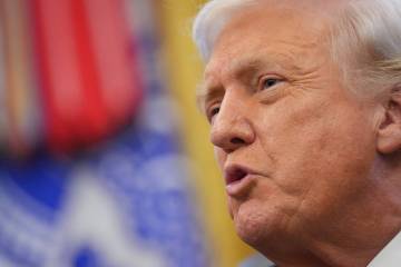 President Donald Trump speaks to reporters after Vice President JD Vance swore in U.S. Ambassad ...