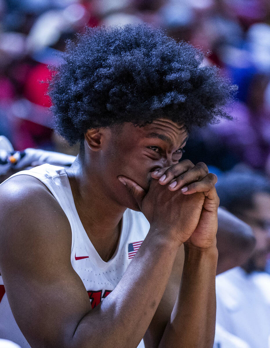 UNLV forward Jacob Bannarbie (10) makes a face as the team is still behind the Montana Grizzlie ...