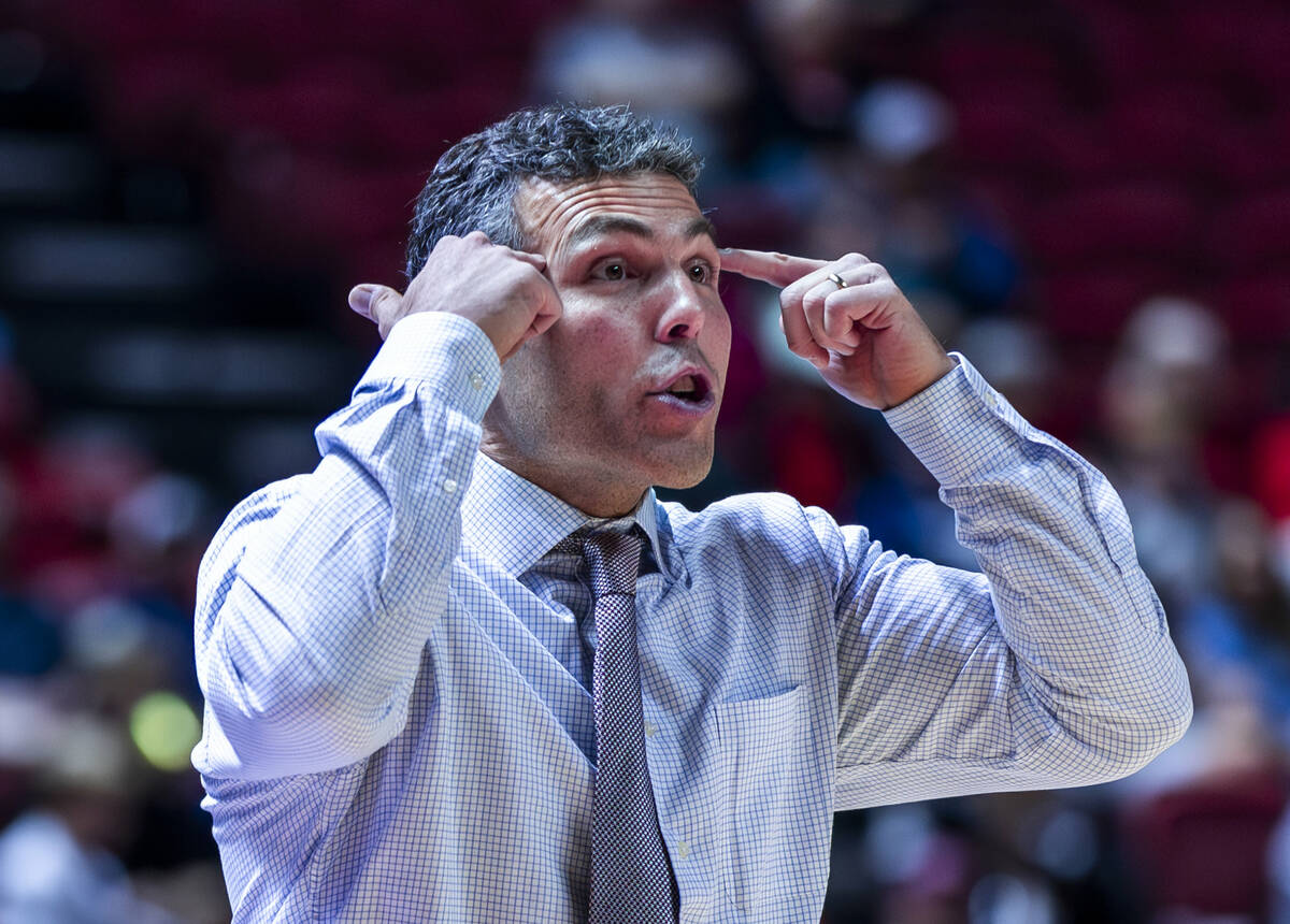 UNLV head coach Josh Pastner encourages his players to think against the Montana Grizzlies duri ...