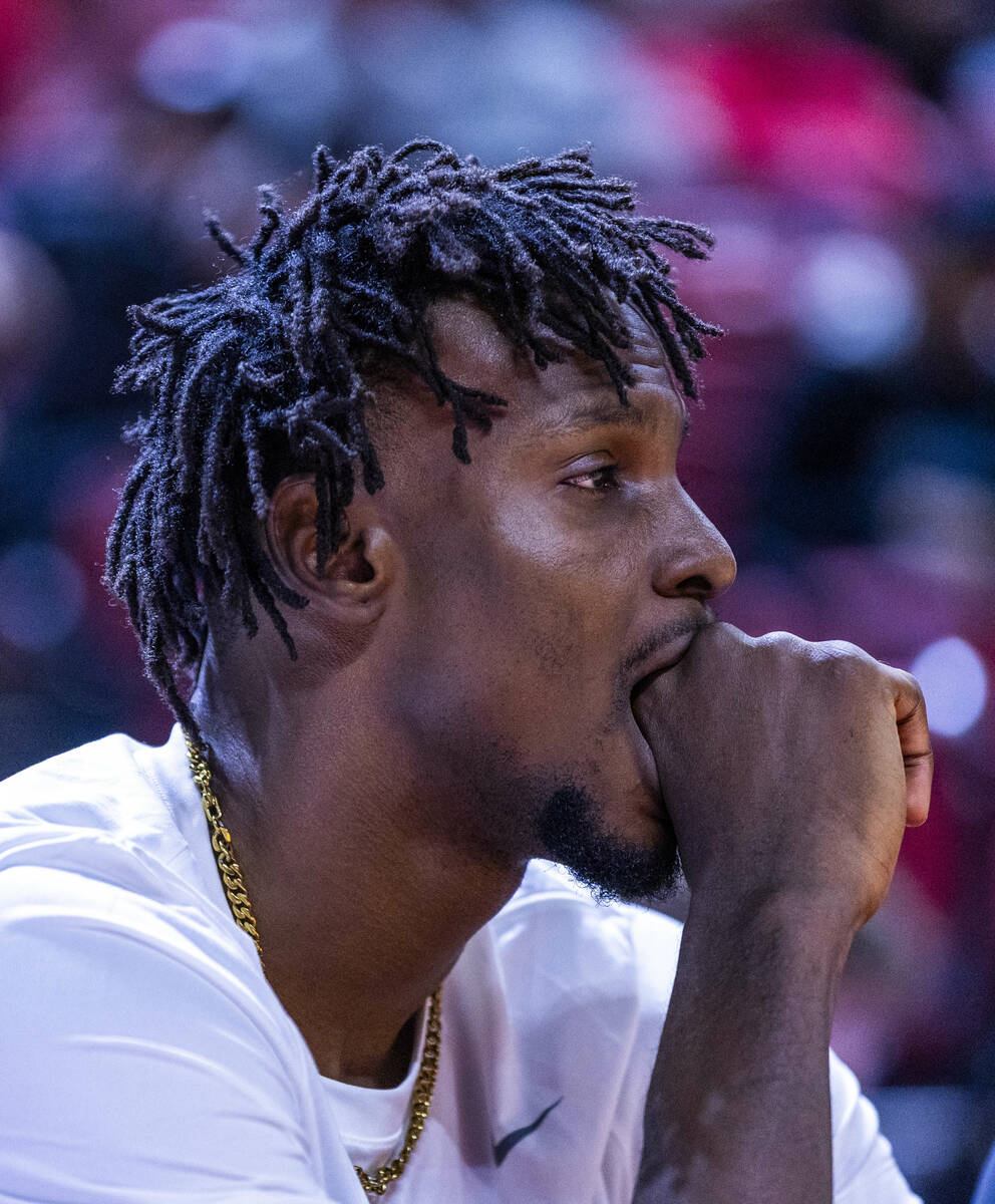 UNLV forward Emmanuel Stephen (34) is a bit dismayed as the Montana Grizzlies continue a solid ...