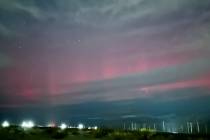 Colorful northern lights are seen from the Kyle Canyon Road area in the far northwest valley on ...