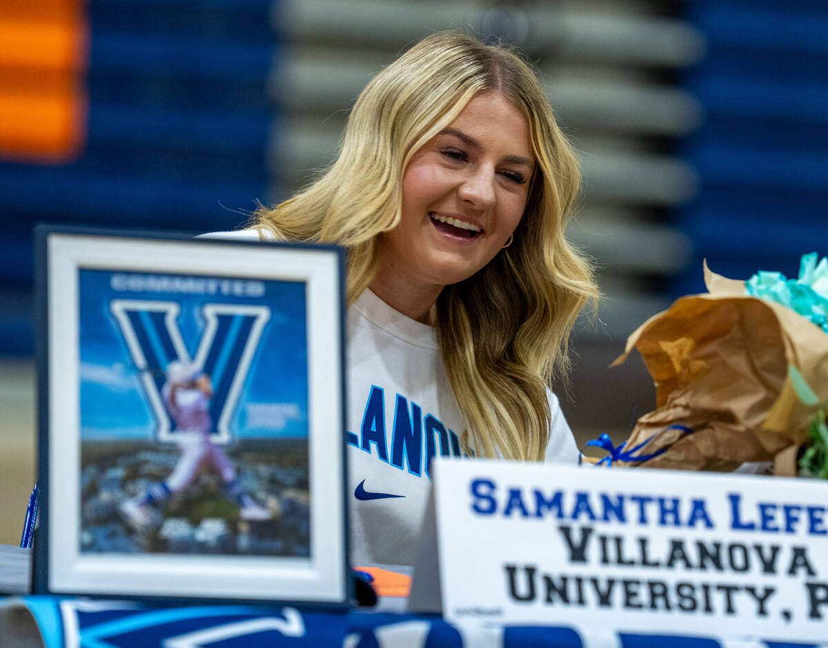 Samantha Lefever laughs during Bishop Gorman High School’s signing day Nov. 12, 2025. Le ...