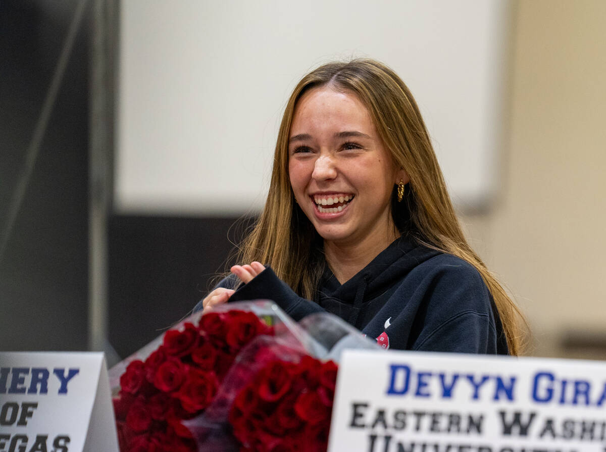 Emma Flannery laughs during Bishop Gorman High School’s signing day Nov. 12, 2025. Flann ...