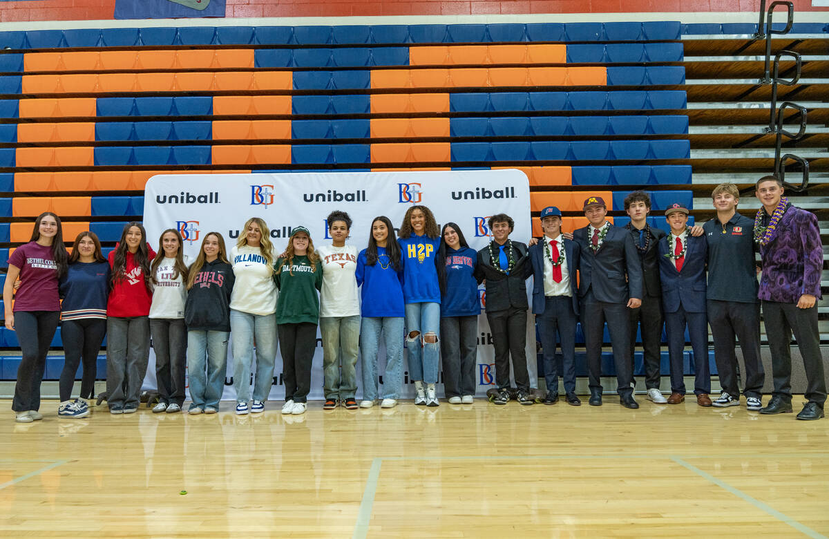 Senior student athletes take a group picture after Bishop Gorman High School’s signing d ...