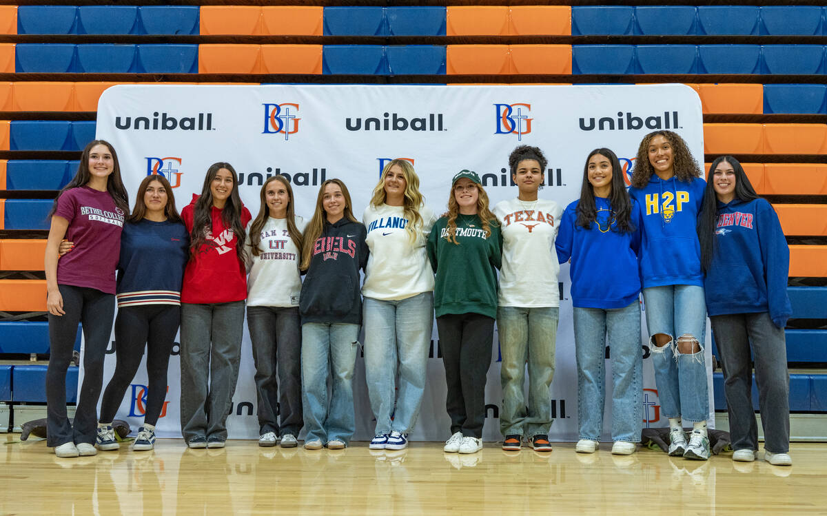 Senior student athletes take a group picture after Bishop Gorman High School’s signing d ...