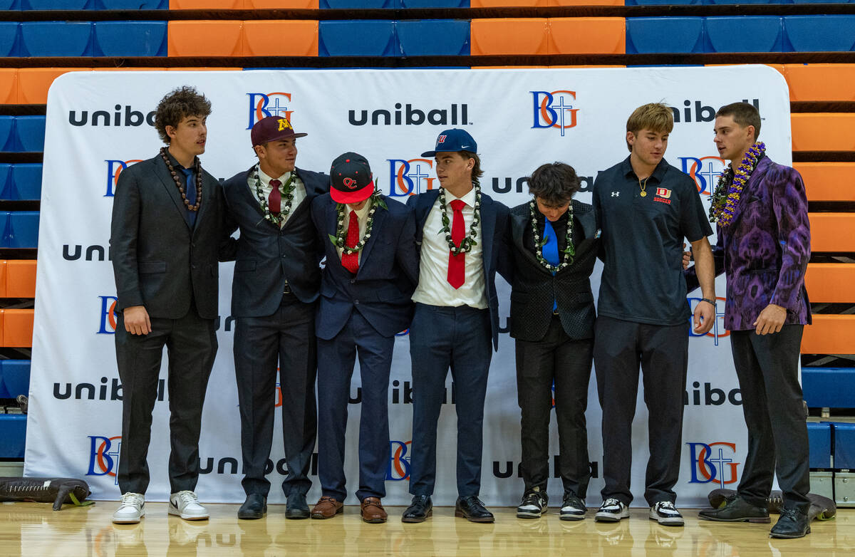 Senior student athletes get ready for a group picture after Bishop Gorman High School’s ...