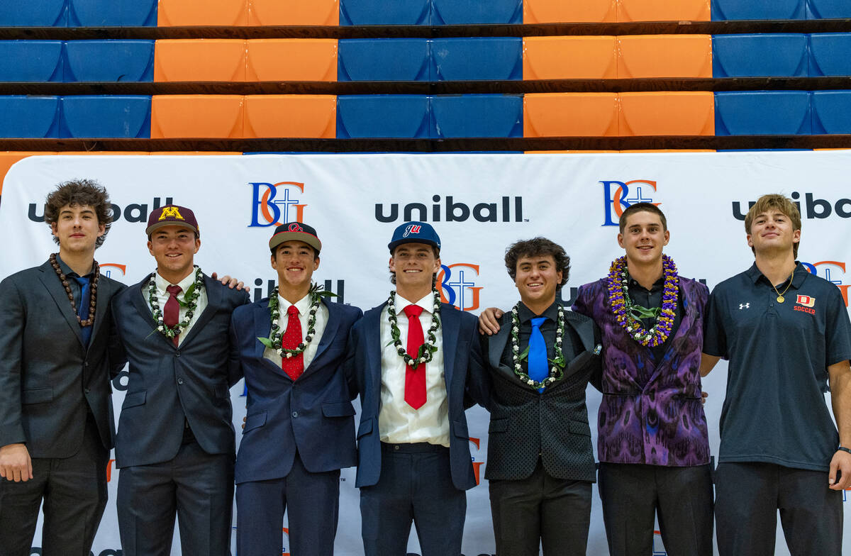 Senior student athletes take a group picture after Bishop Gorman High School’s signing d ...