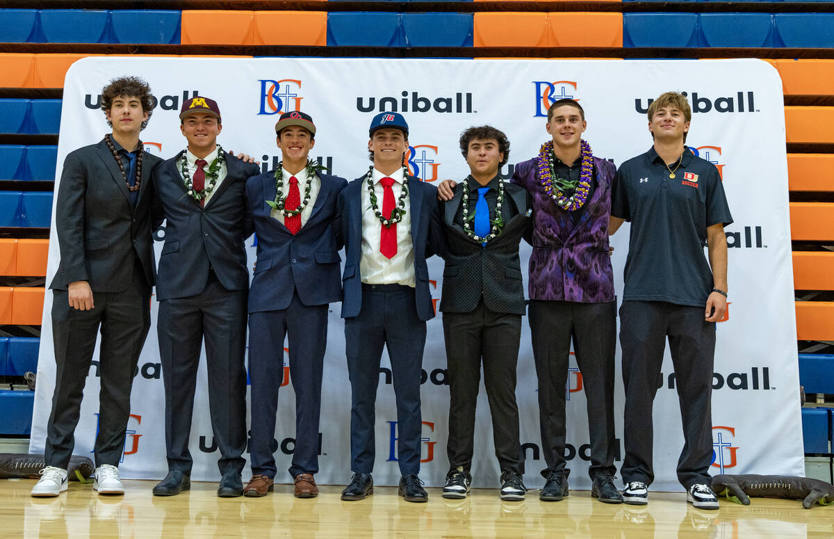 Senior student athletes take a group picture after Bishop Gorman High School’s signing d ...