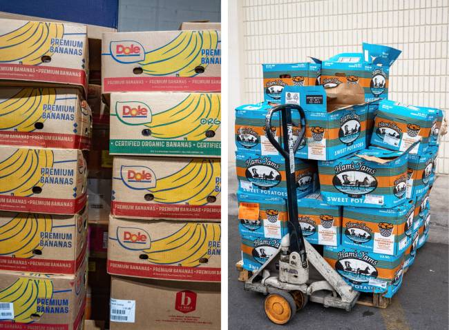 Boxes of donated bananas, left, and sweet potatoes, right, sit at the TCMI Church food pantry i ...