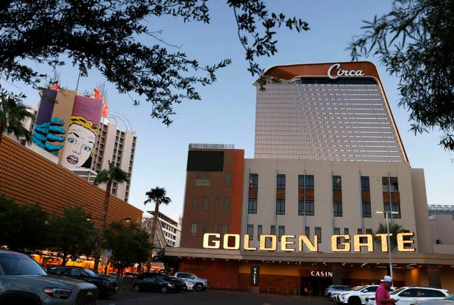 The Plaza, left, the Golden Gate hotel-casino and Circa are seen in downtown Las Vegas, on Sund ...