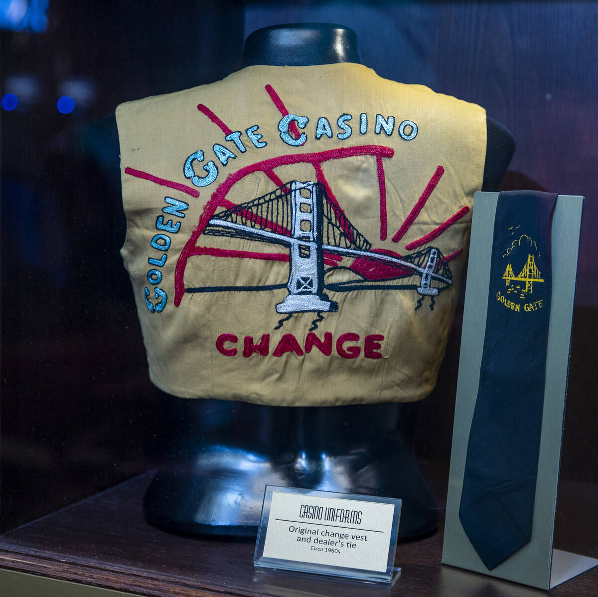 A circa 1960’s change vest and tie on display in the lobby at the Golden Gate Hotel and ...