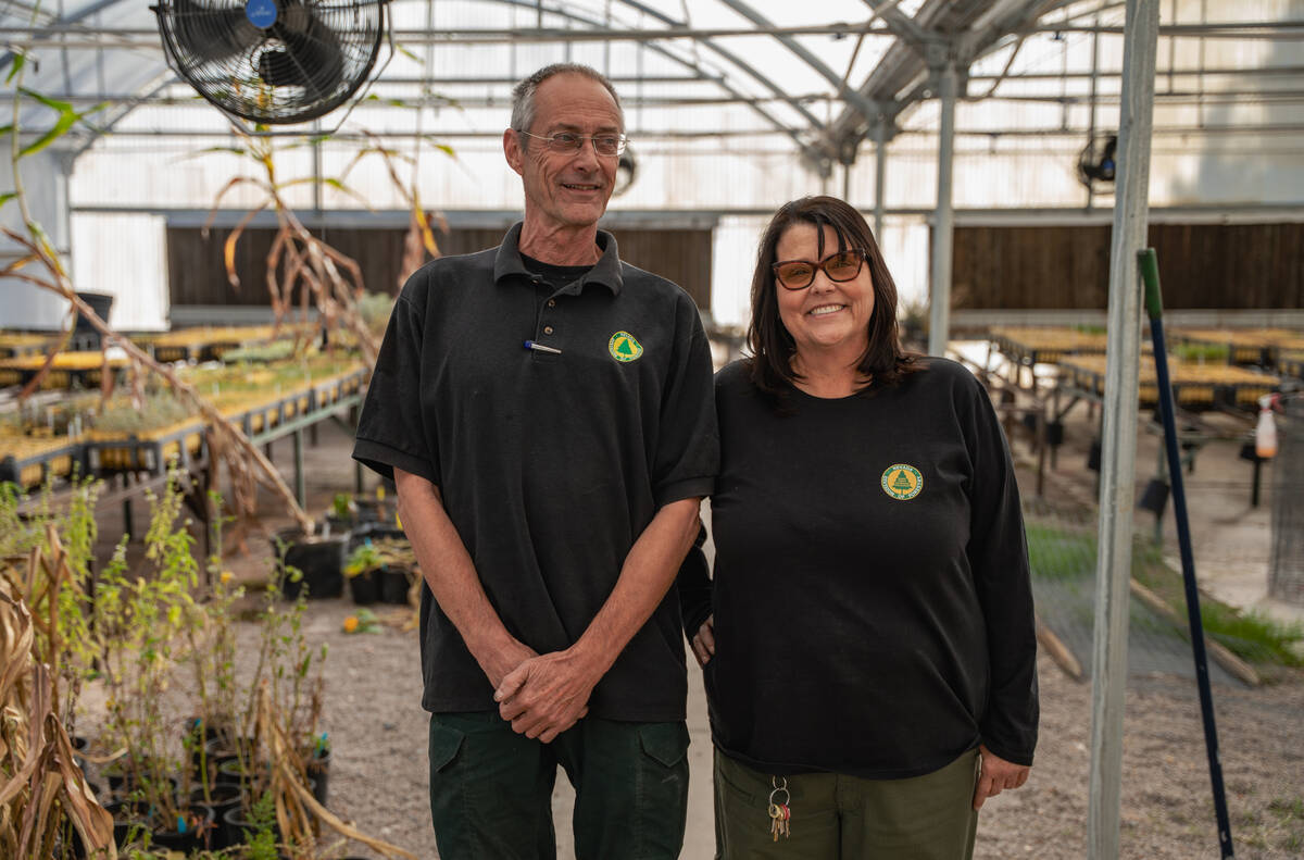Tim Palmer and Amy Johnson stand inside a greenhouse where they work at the Las Vegas State Tre ...