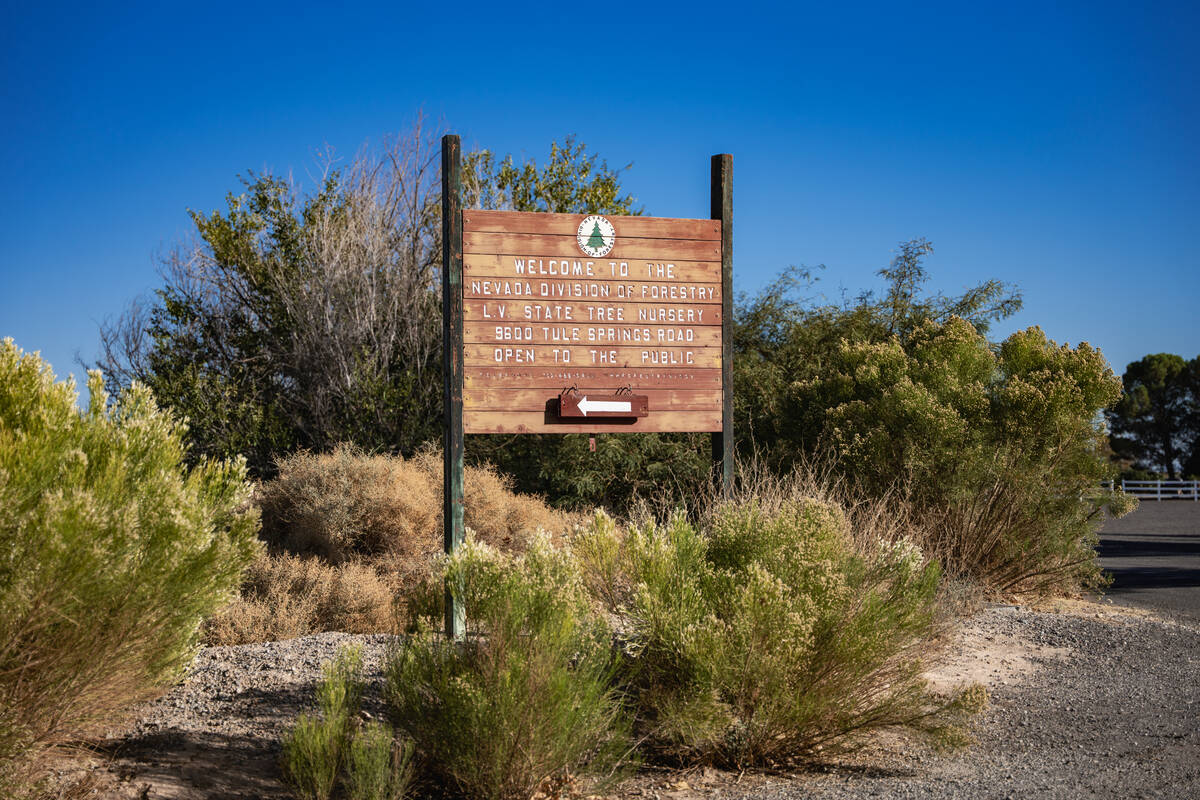 The sign guiding visitors to the Las Vegas State Tree Nursery on Nov. 13, 2025. (Kara Gildea/La ...