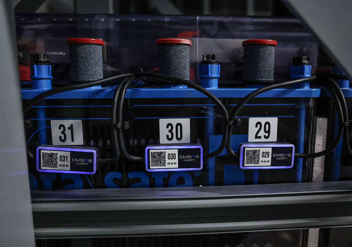 Rows of battery storage are seen during a media tour of Verizon’s North Las Vegas data c ...