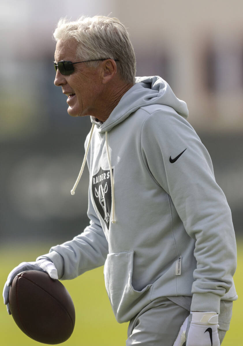 Raiders head coach Pete Carroll watches over the team’s practice at the Intermountain He ...