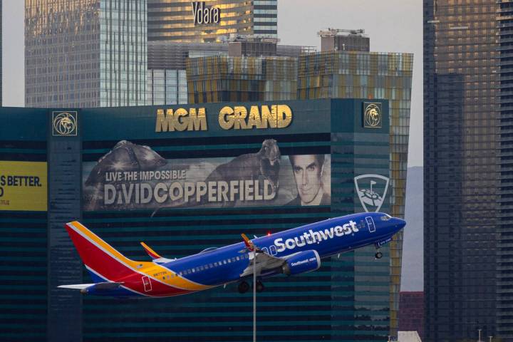 A Southwest Airlines flight bound for Houston takes off from Harry Reid International Airport o ...