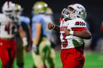 Liberty defensive end Jonathan Ioane celebrates during a high school football game between Libe ...