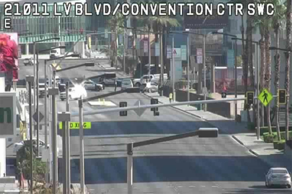 Police block off streets around Convention Center Drive and Paradise Road on Thursday, Nov. 13, ...