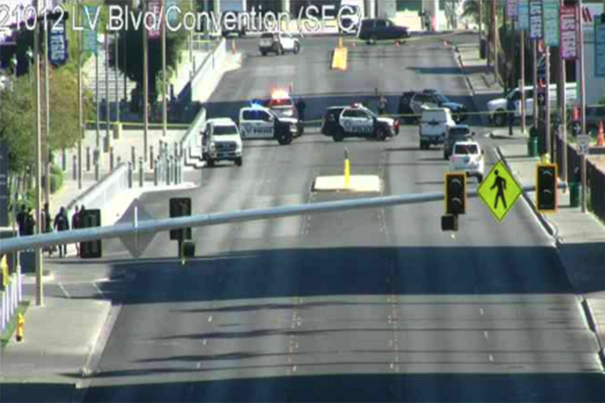 Police block off streets around Convention Center Drive and Paradise Road on Thursday, Nov. 13, ...