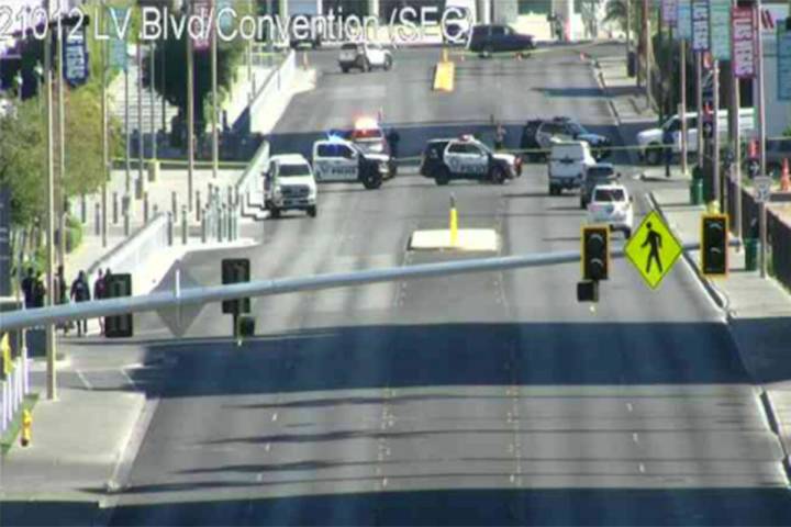 Police block off streets around Convention Center Drive and Paradise Road on Thursday, Nov. 13, ...