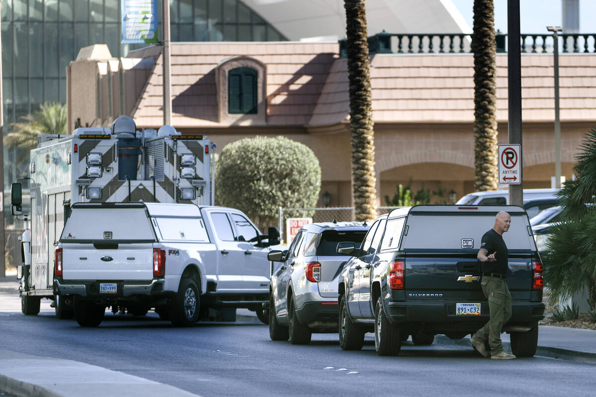 Las Vegas police investigate the area around Piero’s restaurant after an explosive devic ...