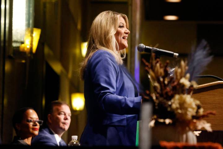 Henderson Mayor Michelle Romero delivers the State of the City address at the M Resort as Counc ...