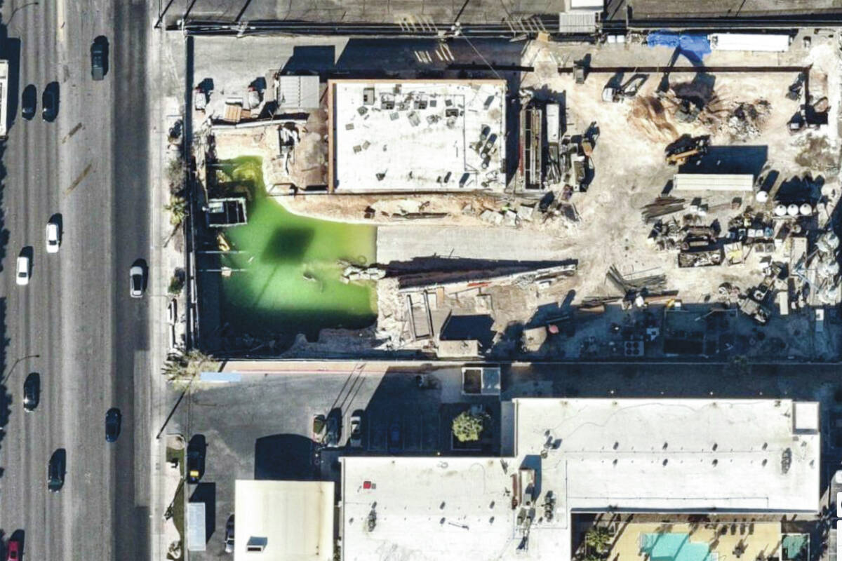 In this satellite image from Clark County OpenWeb, a pool of green water is seen on the Boring ...