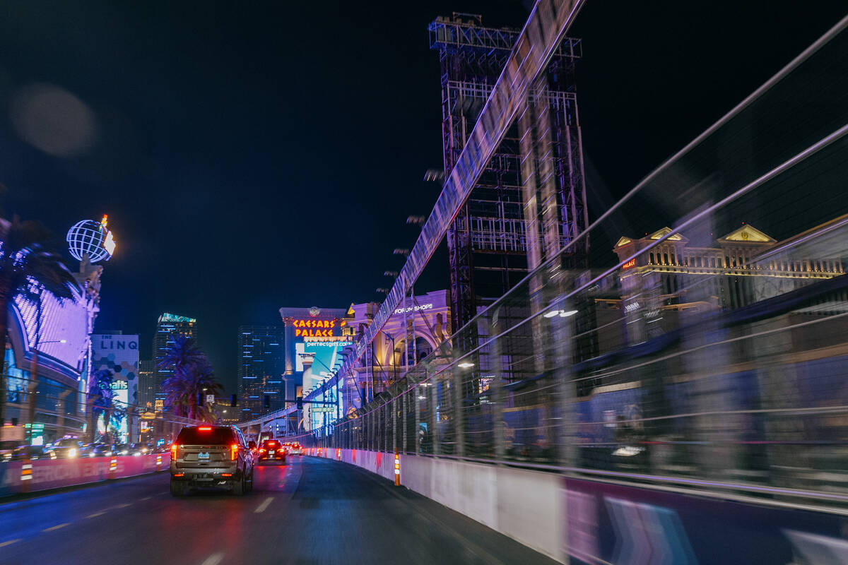Traffic moves along Las Vegas Boulevard on Thursday, Nov. 13, 2025 in Las Vegas. The Strip is c ...