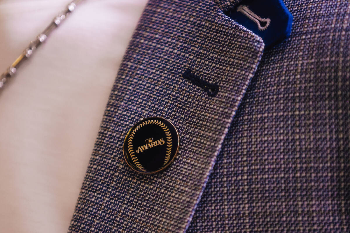 An MLB Awards pun is seen on the MLB Awards red carpet at The Cosmopolitan Thursday, Nov. 13, 2 ...