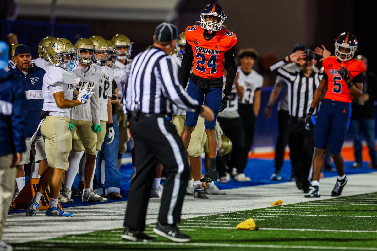 Bishop Gorman defensive back Brayley Manning (24) reacts to a call by a referee during a Open D ...