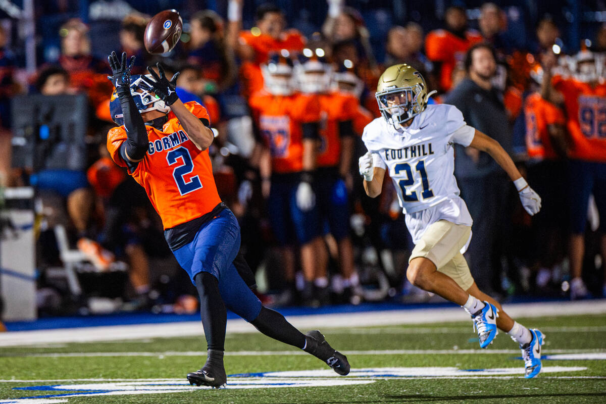 Bishop Gorman wide receiver Zyren Menor catches the ball during a Open Division high school fo ...