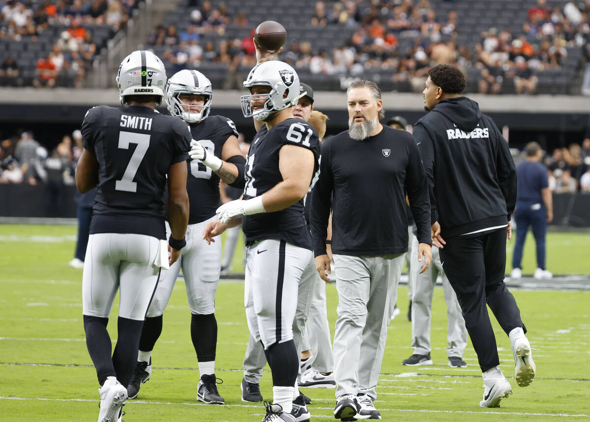 Raiders run game coordinator and offensive line coach Brennan Carroll walks through team's ...