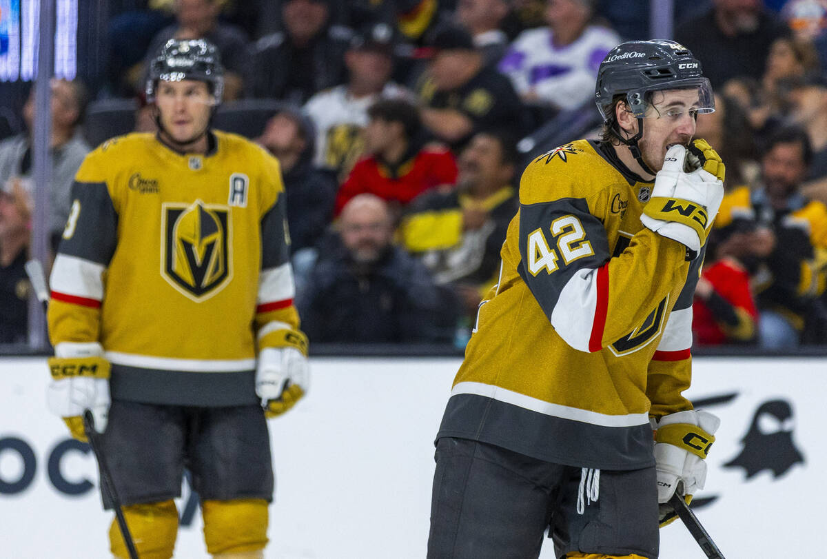 Golden Knights right wing Braeden Bowman (42) moves in to position for another face off against ...