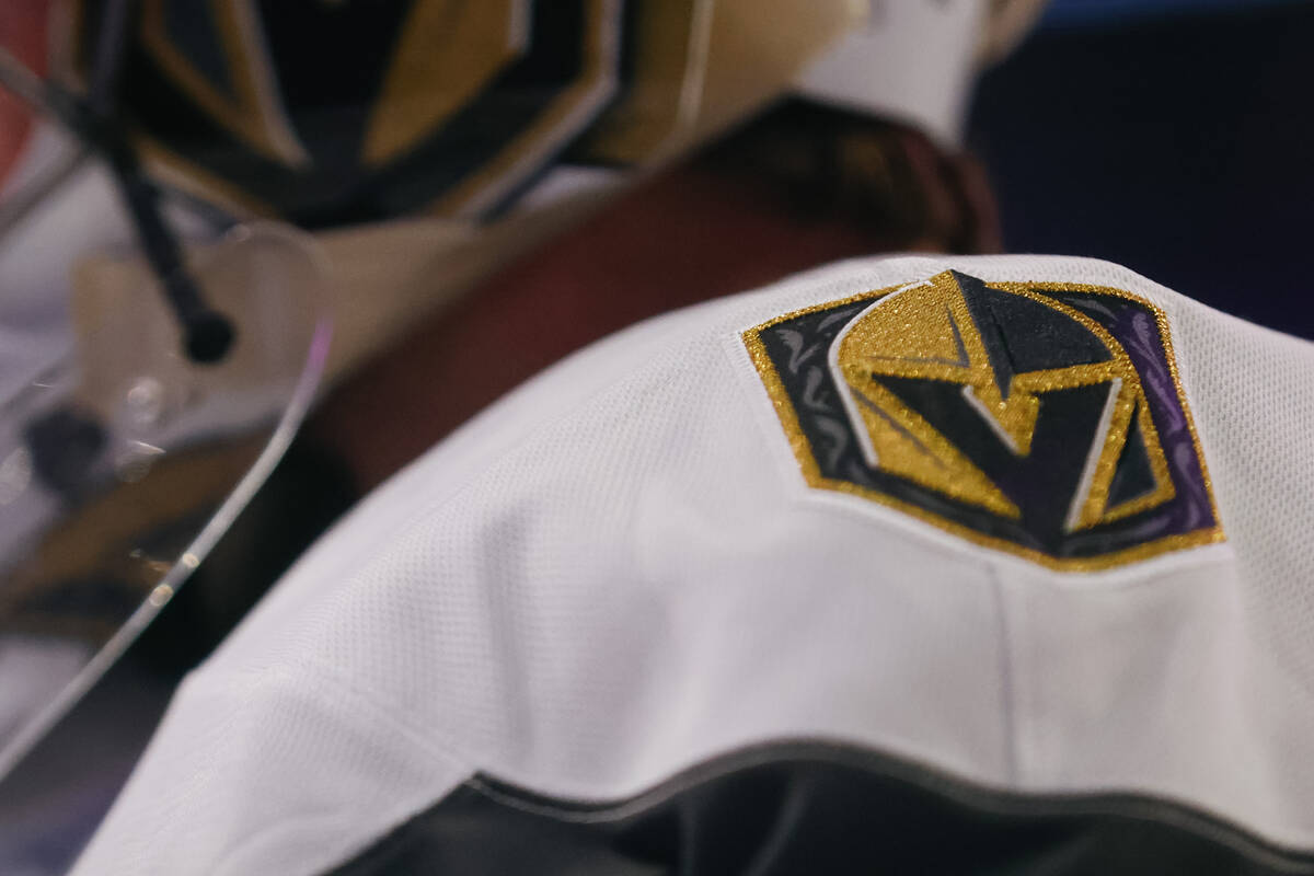 Goaltender Carter Hart warms up before the Silver Knights’ game against the Calgary Wran ...