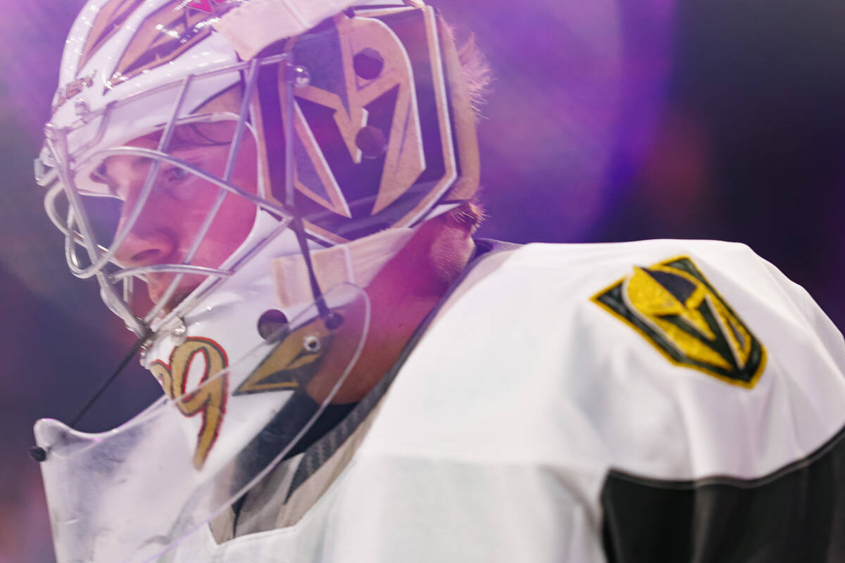 Goaltender Carter Hart warms up before the Silver Knights’ game against the Calgary Wran ...