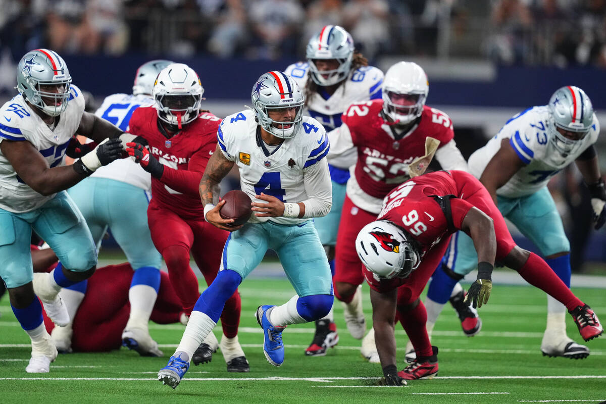 Dallas Cowboys quarterback Dak Prescott (4) is pressured out of the pocket by Arizona Cardinals ...