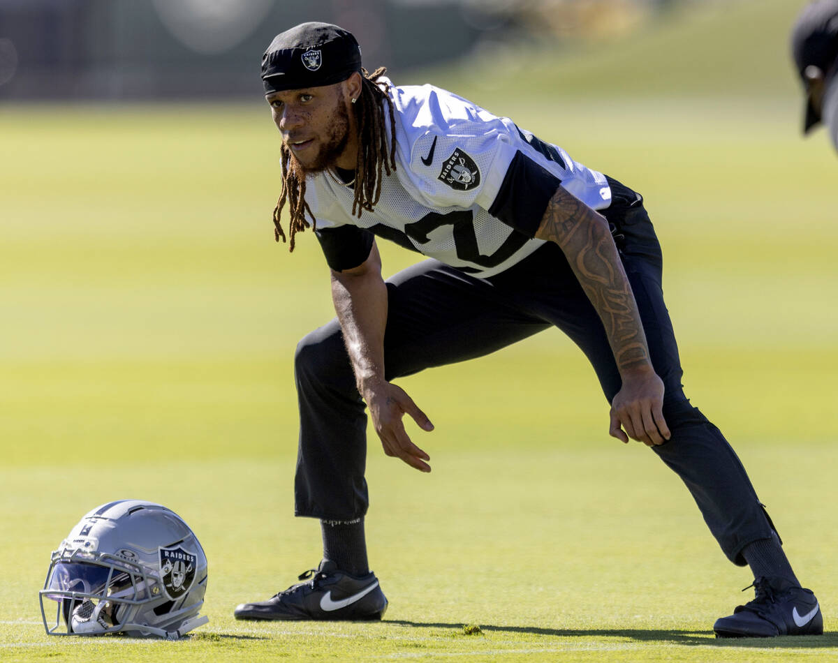 Raiders cornerback Eric Stokes (22) stretches during the team’s practice at the Intermou ...