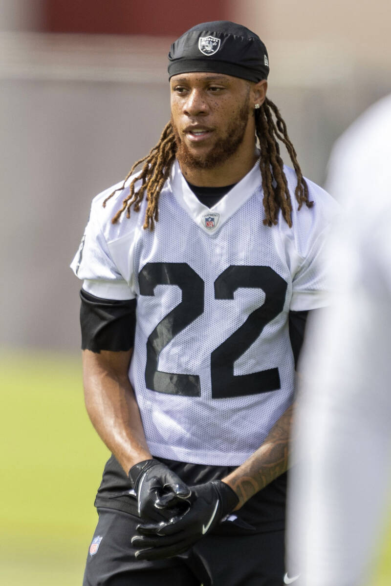 Raiders cornerback Eric Stokes (22) puts his gloves on during the team’s practice at the ...