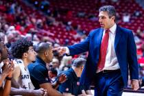 UNLV head coach Josh Pastner points to UNLV guard Al Green (7) on the bench against the UT Mart ...