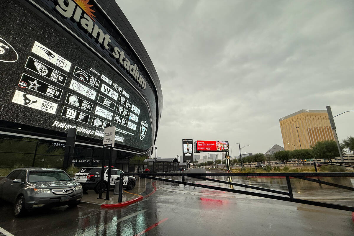 Allegiant Stadium pictured during heavy rainfall in Las Vegas on Saturday, Nov. 15, 2025. (Cait ...