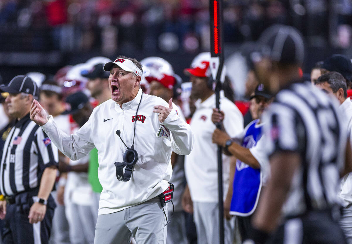 UNLV head coach Dan Mullen is incensed with the officials on another lack of penalty call on Ut ...