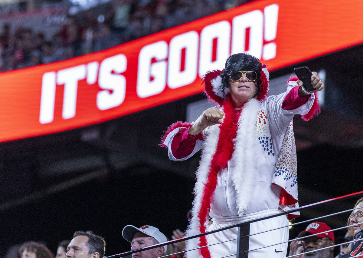 A fan as Elvis celebrates another score against the Utah State Aggies during the first half of ...